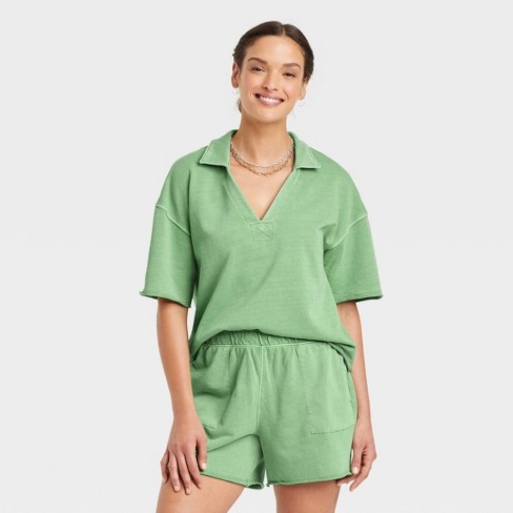 Women's Short Sleeve Collared French Terry Polo T-Shirt - Green